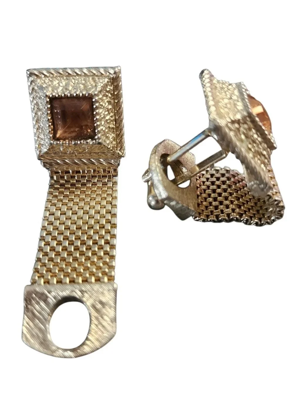 Vintage Gold-Tone Square Cufflinks Amber Center Stones